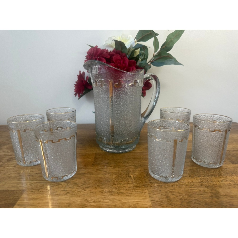 Vintage Art Deco Martinsville‎ Lorraine 1914 Glass Pitcher 6 Tumblers Gold Trim